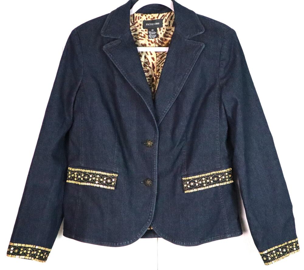 Focus 2000 Denim Blazer Jacket Gold Sequin Embellished Sparkle Glitter Size 12